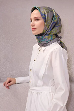 Belli Tivil Saf İpek Eşarp 4207 - 83 Gri Çiçek Desen