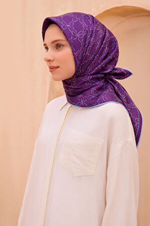 Belli Tivil Saf İpek Eşarp 4214 - 34 Koyu Lila Geometrik Desen