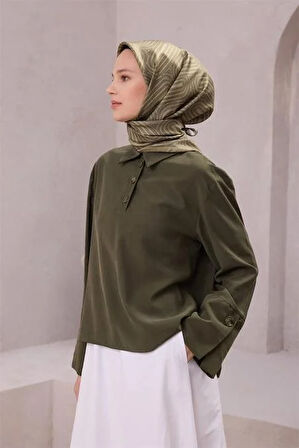 Belli Tivil Saf İpek Eşarp 4209 - 82 Haki Yeşili Soyut Desen