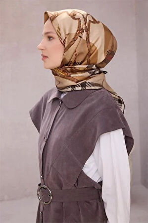 Belli Tivil Saf İpek Eşarp 4206 - 01 Vizon Ekose Desen