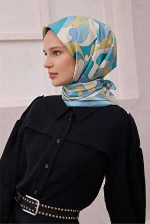 Belli Tivil Saf İpek Eşarp 4213 - 38 Mavi Soyut Desen