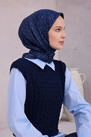 Belli Tivil Saf İpek Eşarp 4215 - 60 Lacivert Geometrik Desen