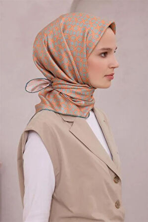 Belli Tivil Saf İpek Eşarp 4215 - 58 Turkuaz Geometrik Desen