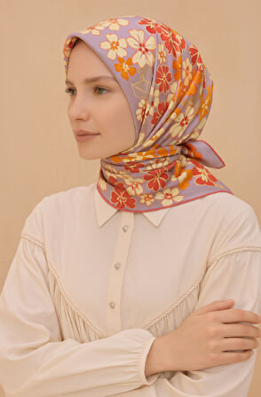 Belli Tivil Saf İpek Eşarp 4220 - 53 Lila Çiçek Desen