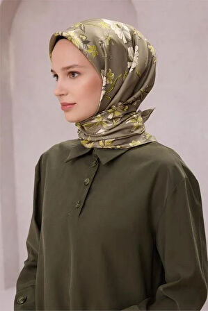 Belli Tivil Saf İpek Eşarp 4210 - 87 Koyu Yeşil Çiçek Desen