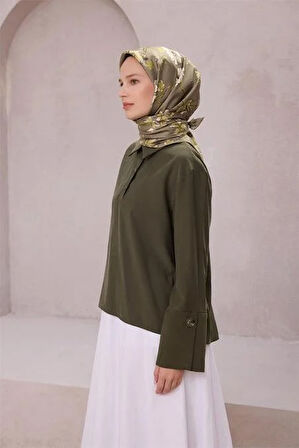 Belli Tivil Saf İpek Eşarp 4210 - 87 Koyu Yeşil Çiçek Desen