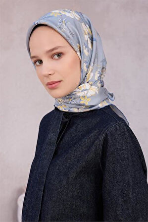 Belli Tivil Saf İpek Eşarp 4210 - 52 Buz Mavi  Çiçek Desen