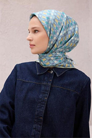 Belli Tivil Saf İpek Eşarp 4223 - 38 Turkuaz Harf Desen