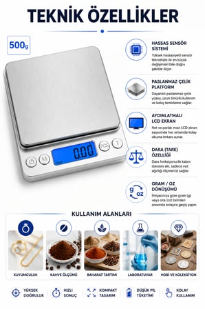 Hassas Dijital Terazi 500g Kapasite LCD Ekran Mini Elektronik Mutfak ve Kuyumcu Tartısı