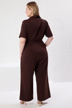 Kadın Büyük Beden V Yaka Kısa Standart Kol Relaxed Kalıp Kruvaze Krep Dokuma Uzun Paça Tulum