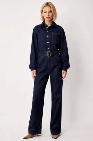 Kadın Gömlek Yaka Uzun Standart Kol Regular Kalıp Geniş Paça Düz Desen Denim Tulum %100 Pamuk