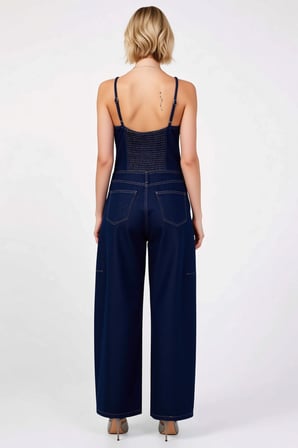 Kadın Kare Yaka İnce Askılı Kolsuz Denim Kumaş Rahat Baggy Fit Kalıp Düz Desen Uzun Boy Tulum