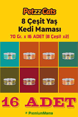 Premium PettzCat Kedi Konserve Yaş Mama 70 Gr. 8 Çeşit (8x2 adet) Her Çeşitten 2 Adet, Toplam 16 Kutu