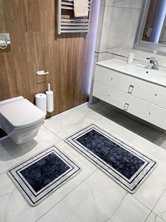 Çizgili Desenli 2'li Lateks Deri Taban Banyo Paspas Takımı (60X100 - 60X50) Lacivert Gri