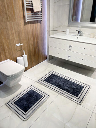 Çizgili Desenli 2'li Lateks Deri Taban Banyo Paspas Takımı (60X100 - 60X50) Lacivert Gri