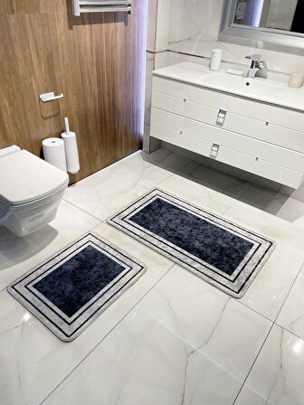 Çizgili Desenli 2'li Lateks Deri Taban Banyo Paspas Takımı (60X100 - 60X50) Lacivert Gri