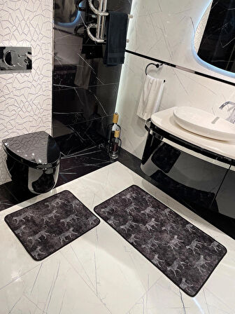 2'li Lateks Deri Taban Banyo Paspas Takımı (60X100 - 60X50) KoyuGri
