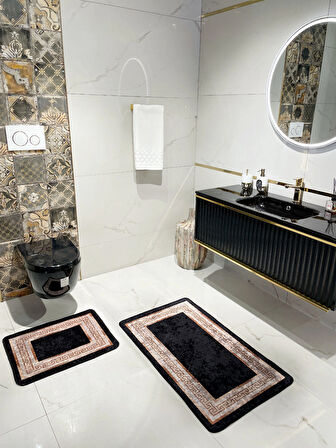 Bordürlü Desenli 2'li Lateks Deri Taban Banyo Paspas Takımı (60X100 - 60X50) Siyah