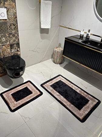 Bordürlü Desenli 2'li Lateks Deri Taban Banyo Paspas Takımı (60X100 - 60X50) Siyah