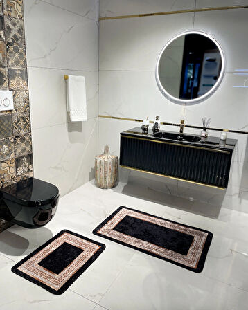 Bordürlü Desenli 2'li Lateks Deri Taban Banyo Paspas Takımı (60X100 - 60X50) Siyah