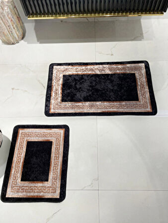 Bordürlü Desenli 2'li Lateks Deri Taban Banyo Paspas Takımı (60X100 - 60X50) Siyah