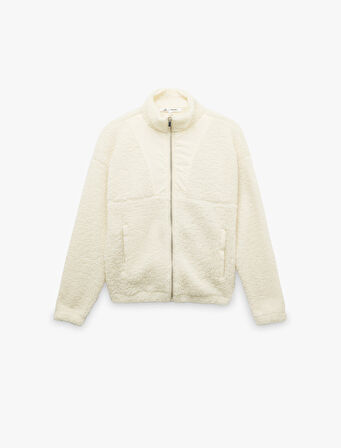 Fermuarlı Dik Yaka Cep Detaylı Oversize Peluş Sweatshirt