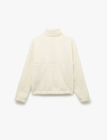 Fermuarlı Dik Yaka Cep Detaylı Oversize Peluş Sweatshirt