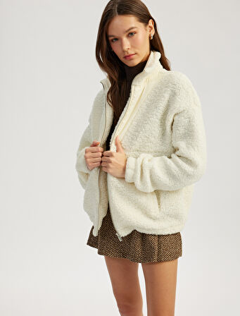 Fermuarlı Dik Yaka Cep Detaylı Oversize Peluş Sweatshirt