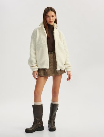 Fermuarlı Dik Yaka Cep Detaylı Oversize Peluş Sweatshirt