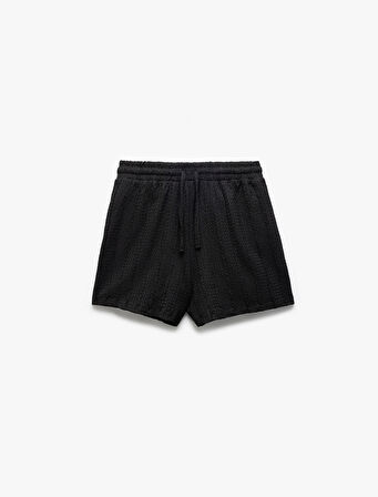 Beli Lastikli Bağcıklı Dokulu Mini Şort