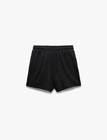 Beli Lastikli Bağcıklı Dokulu Mini Şort