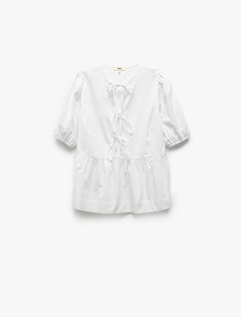 Pamuklu Önden Fiyonk Bağlamalı Kısa Balon Kollu Oversize Poplin Bluz