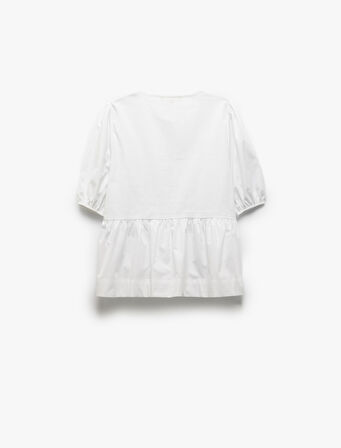 Pamuklu Önden Fiyonk Bağlamalı Kısa Balon Kollu Oversize Poplin Bluz