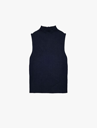 Dik Yaka Saç Örgü Dokulu Kolsuz Triko Bluz