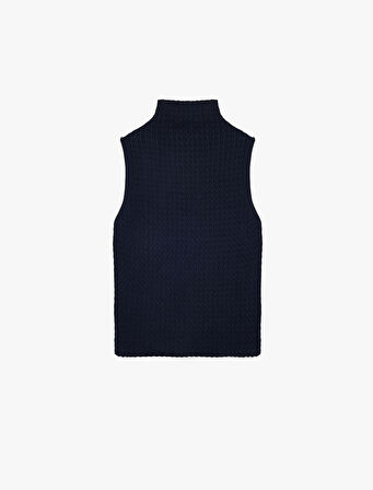 Dik Yaka Saç Örgü Dokulu Kolsuz Triko Bluz