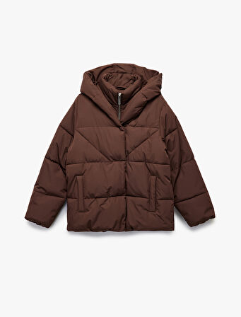 Kapüşonlu Fermuarlı Düğme Detaylı Cepli Rahat Kalıp Kapitone Şişme Mont