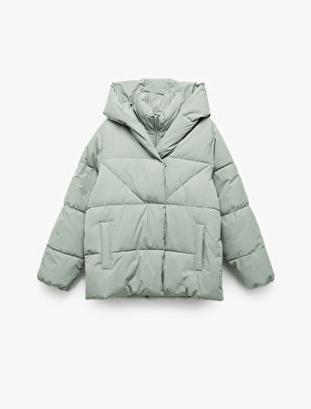 Kapüşonlu Fermuarlı Düğme Detaylı Cepli Rahat Kalıp Kapitone Şişme Mont