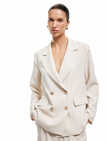 Uzun Kollu Cepli Keten Karışımlı Kruvaze Oversize Blazer Ceket