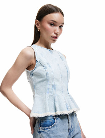 Fermuar Detaylı Bisiklet Yaka Kolsuz Denim Atlet 