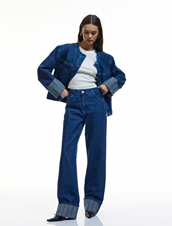 Katlamalı Duble Paça Normal Bel Düğmeli Düz Kalıp Denim Pantolon - Straight Fit Jean