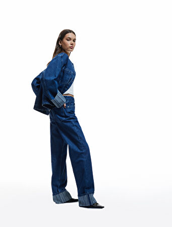 Katlamalı Duble Paça Normal Bel Düğmeli Düz Kalıp Denim Pantolon - Straight Fit Jean