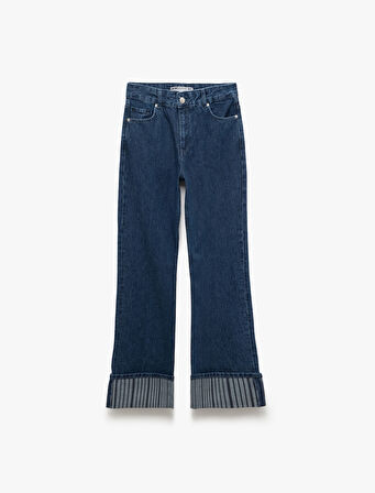 Katlamalı Duble Paça Normal Bel Düğmeli Düz Kalıp Denim Pantolon - Straight Fit Jean