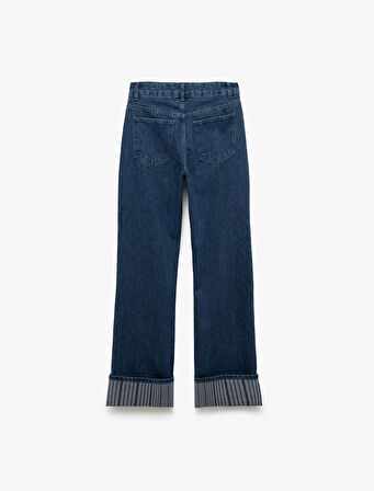 Katlamalı Duble Paça Normal Bel Düğmeli Düz Kalıp Denim Pantolon - Straight Fit Jean