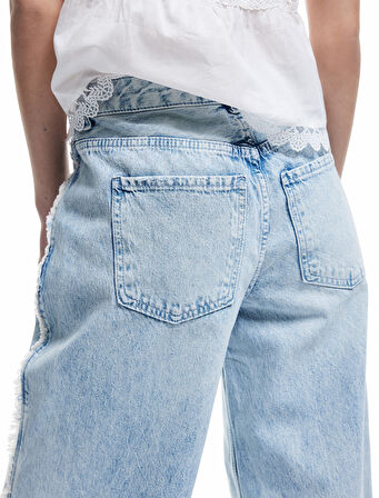 Pamuklu Geniş Paça Nervürlü Düğmeli Cep Detaylı Normal Bel Jean Pantolon - Wide Leg Jeans
