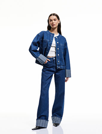 Çift Cepli Bisiklet Yaka Kolları Katlı Düğmeli Denim Ceket
