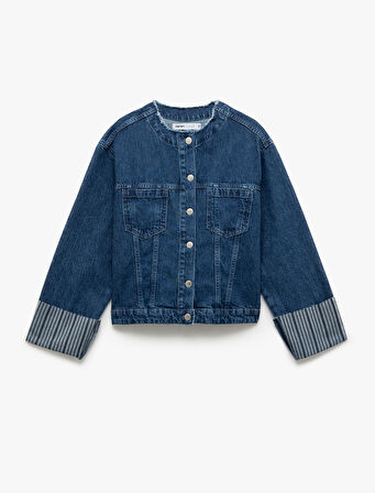 Çift Cepli Bisiklet Yaka Kolları Katlı Düğmeli Denim Ceket