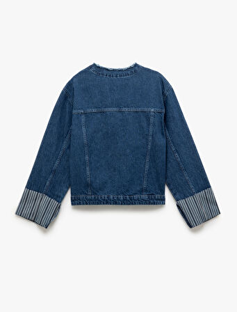 Çift Cepli Bisiklet Yaka Kolları Katlı Düğmeli Denim Ceket