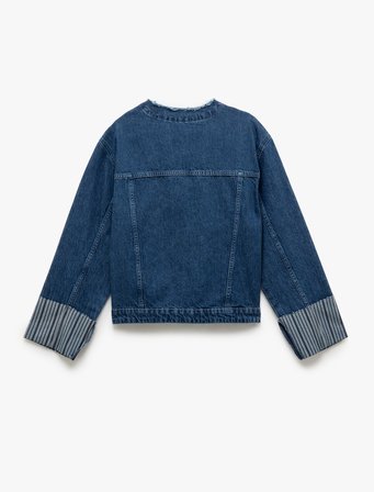 Çift Cepli Bisiklet Yaka Kolları Katlı Düğmeli Denim Ceket