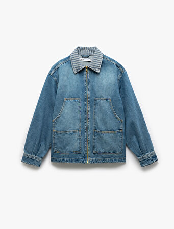 Klasik Yaka Pamuklu Fermuarlı Cep Detaylı Oversize Denim Ceket