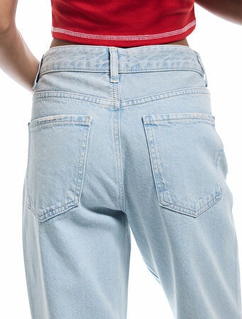 Taş Detaylı Düz Paça Düğmeli Pamuklu Jean Pantolon - Straight Fit Jean